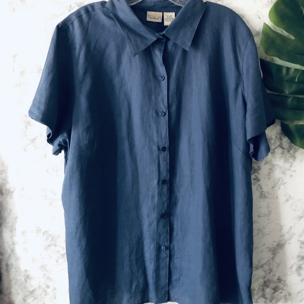LL Bean Womens Button Down 100% Linen Blouse Size 1X Short Sleeve Blue Collar